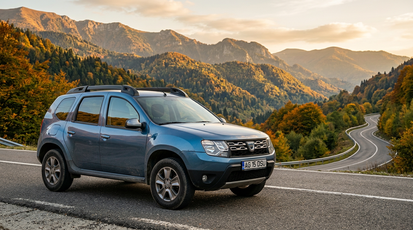 Dacia Duster fotorealistă pe drum montan din România
